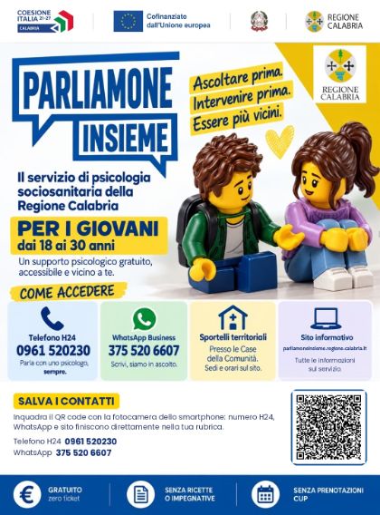 Progetto regionale “Parliamone Insieme” – Avvio del servizio gratuito di supporto psicologico territoriale e online H24